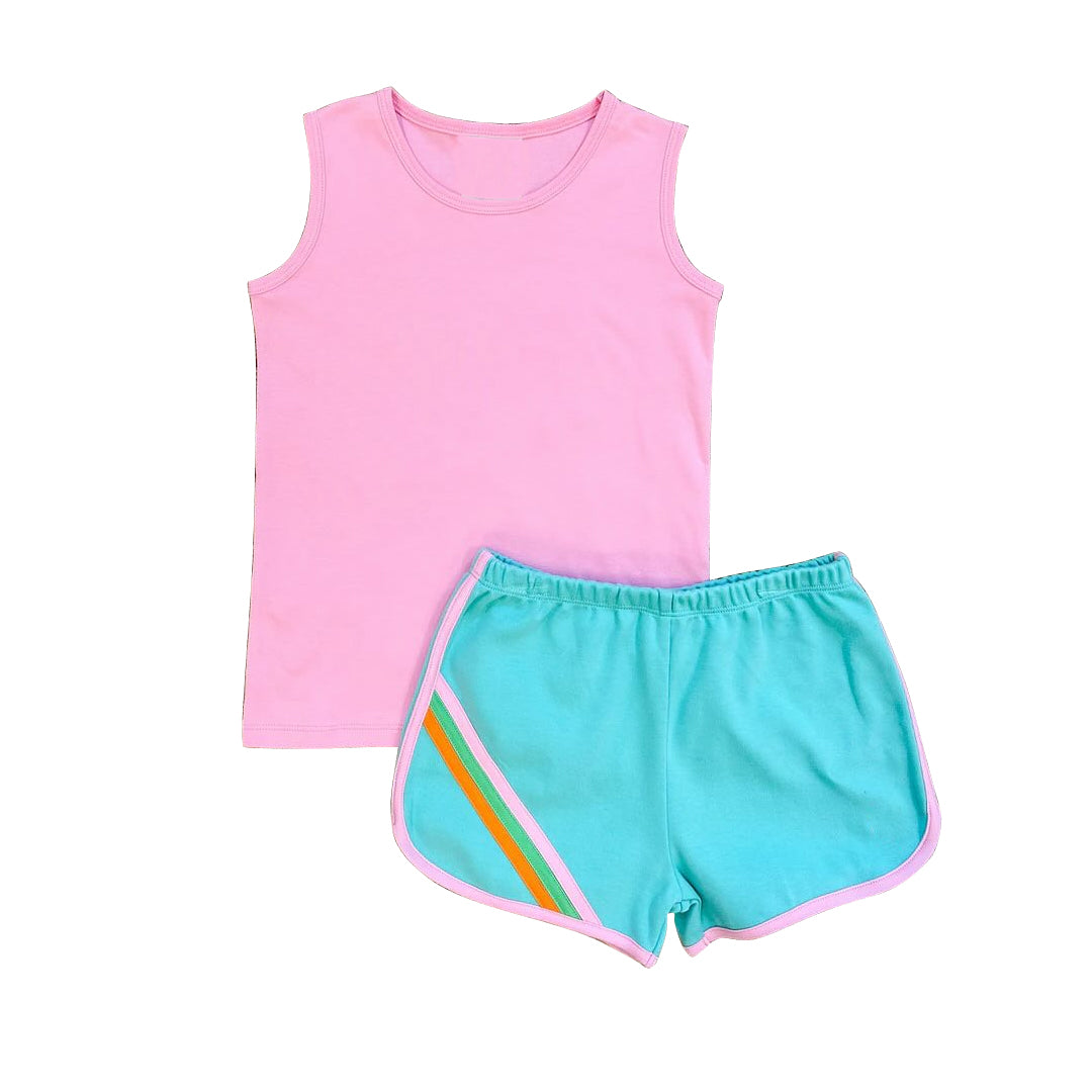 preorder GSSO2046 pink vest t-shirt blue shorts girls set