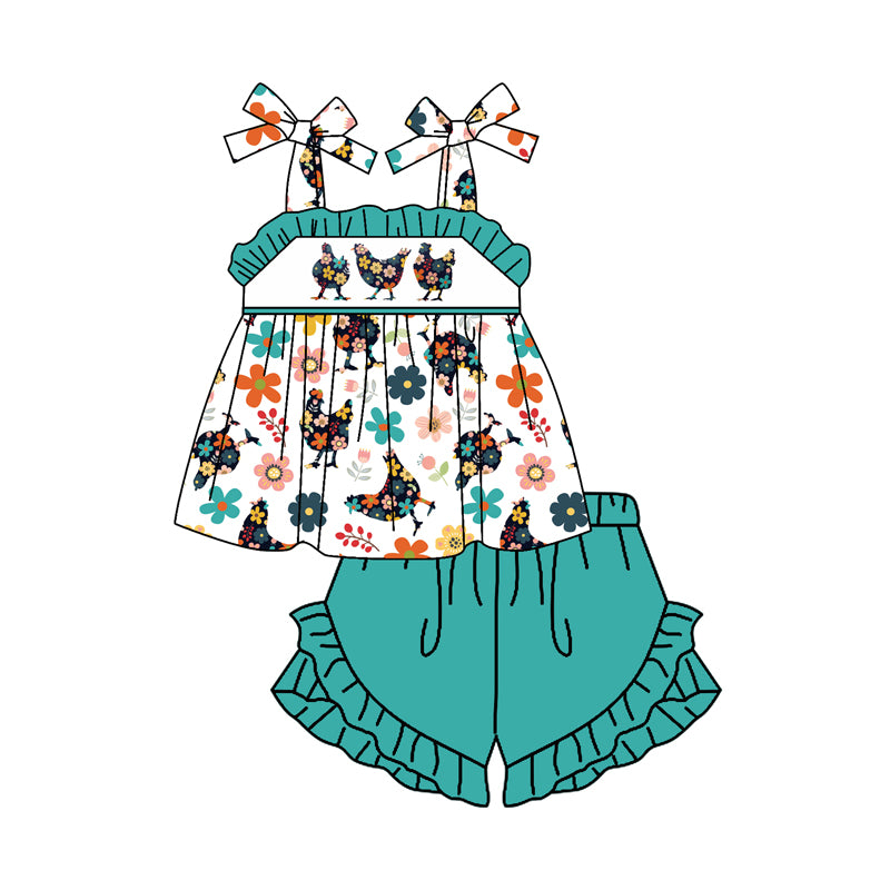 preorder GSSO2049 farm colorful flowers chick straps blue ruffles shorts girls set