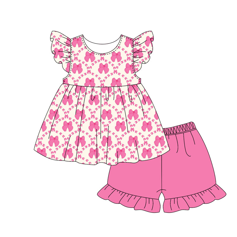 preorder GSSO2051 pink bows flutter sleeve pink shorts girls set