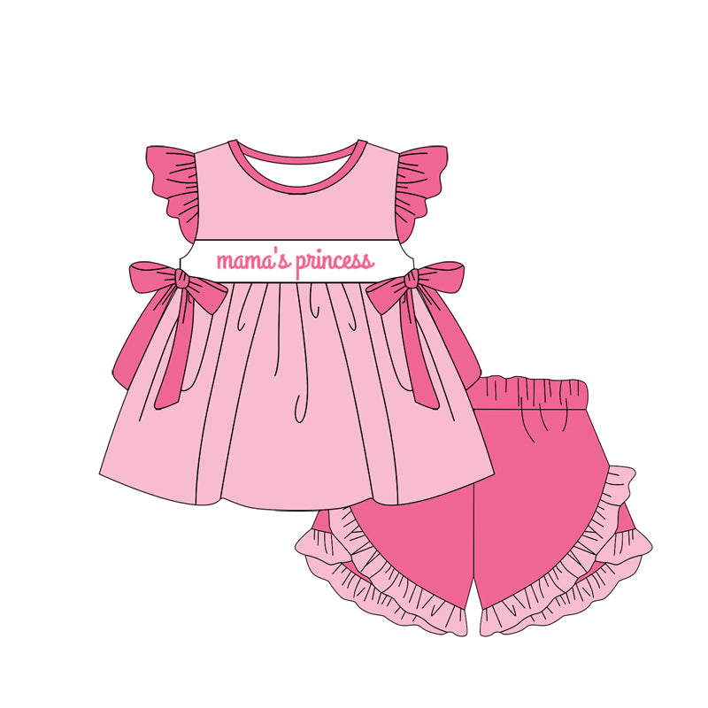 preorder GSSO2054 mama's princess pink bows flutter sleeve hot pink shorts girls set