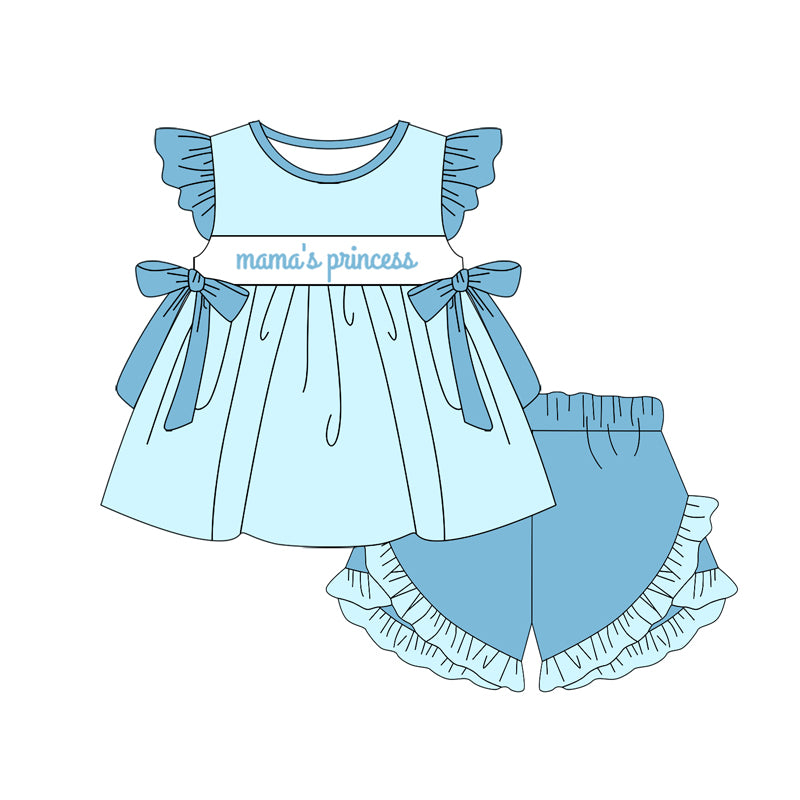 preorder GSSO2056 mama's princess blue bows flutter sleeve hot pink shorts girls set