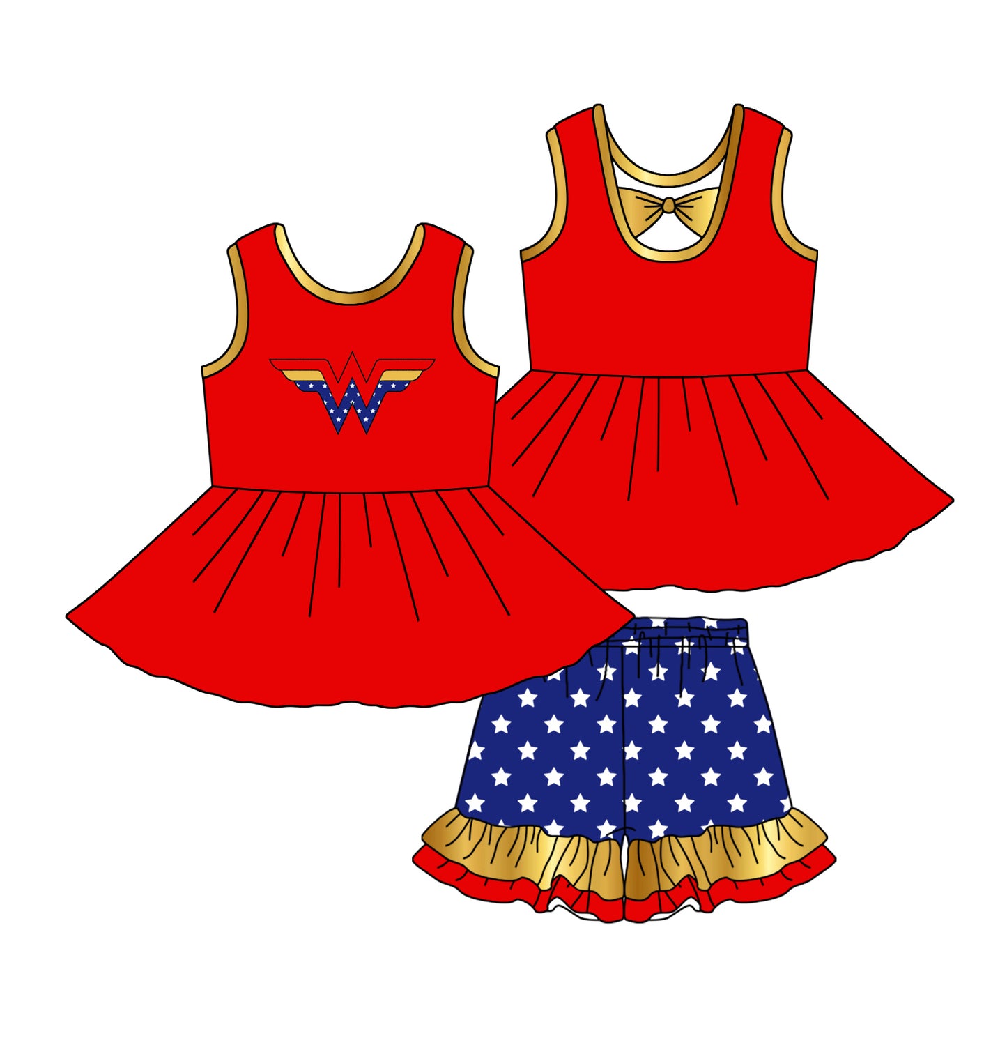 preorder GSSO2059 cartoon princess red sleeveless with bow blue star shorts girls set