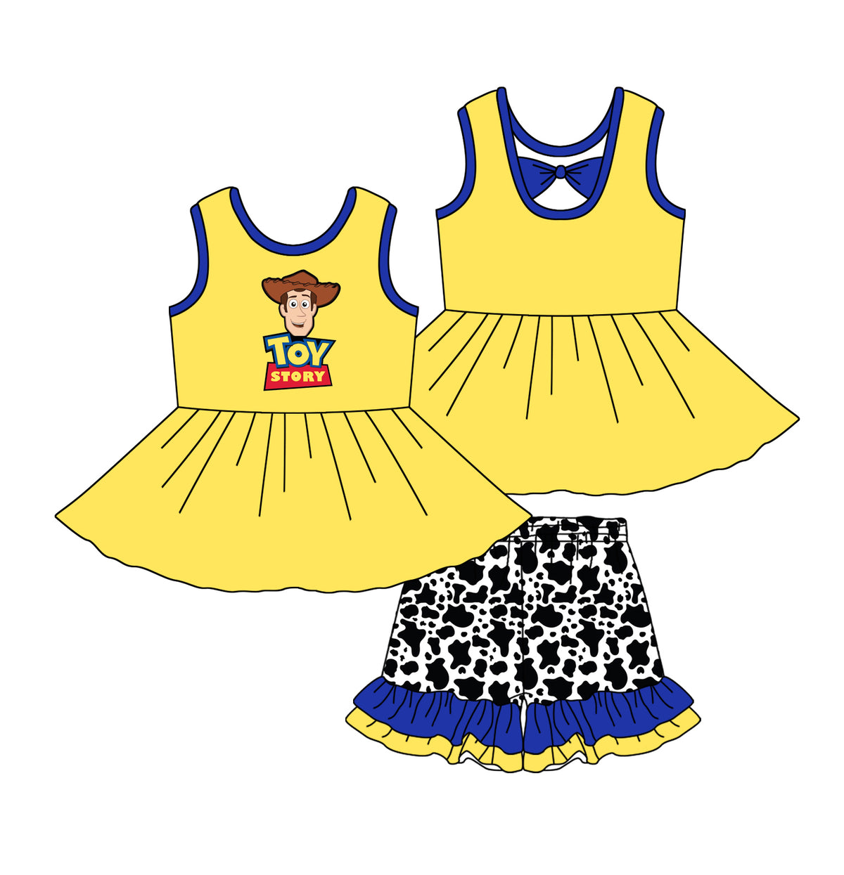 preorder GSSO2059 cartoon toy yellow sleeveless with bow cow print shorts girls set