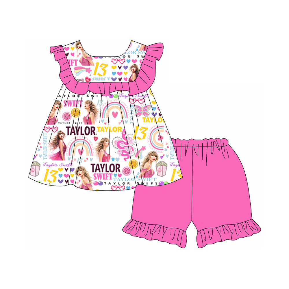 preorder GSSO2062 Taylor country singer heart hot pink ruffles sleeve shorts girls set