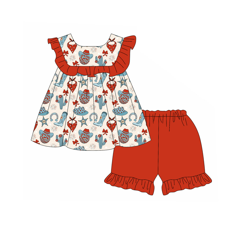 preorder GSSO2068 July 4th cactus boot firework bows ruffles sleeve red shorts girls set