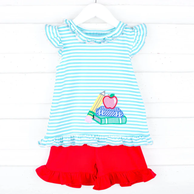 preorder GSSO2070 back to school pen book apple blue striped flutter sleeve red shorts girls set