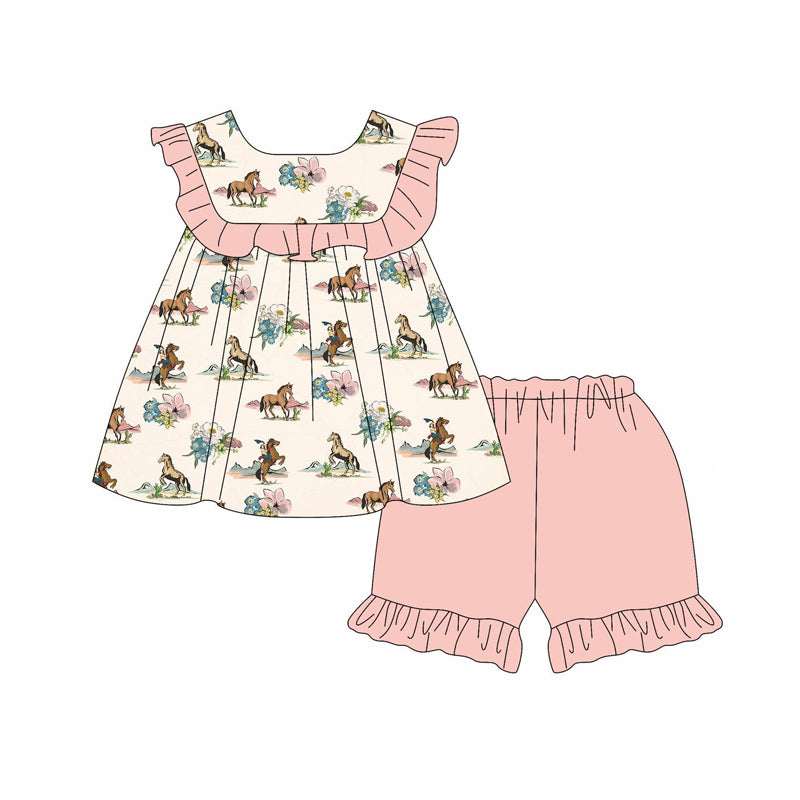 preorder GSSO2073 Western rodeo flowers ruffles sleeve pink shorts girls set