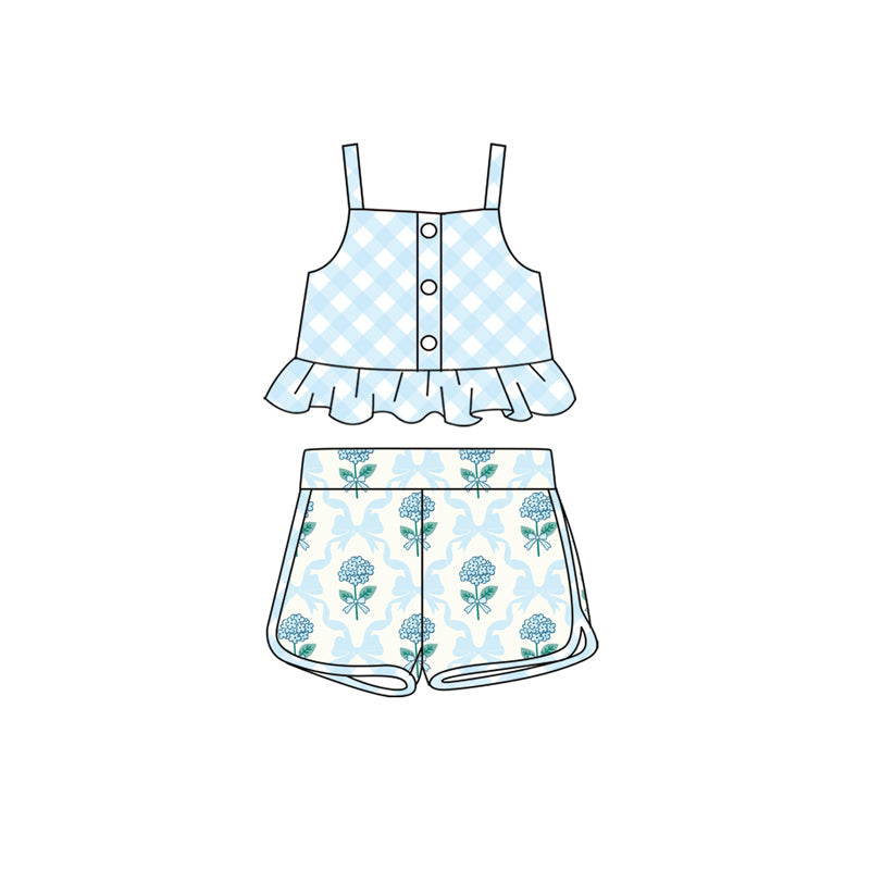 preorder GSSO2078 blue checkered camisole top blue flowers bows shorts girls set