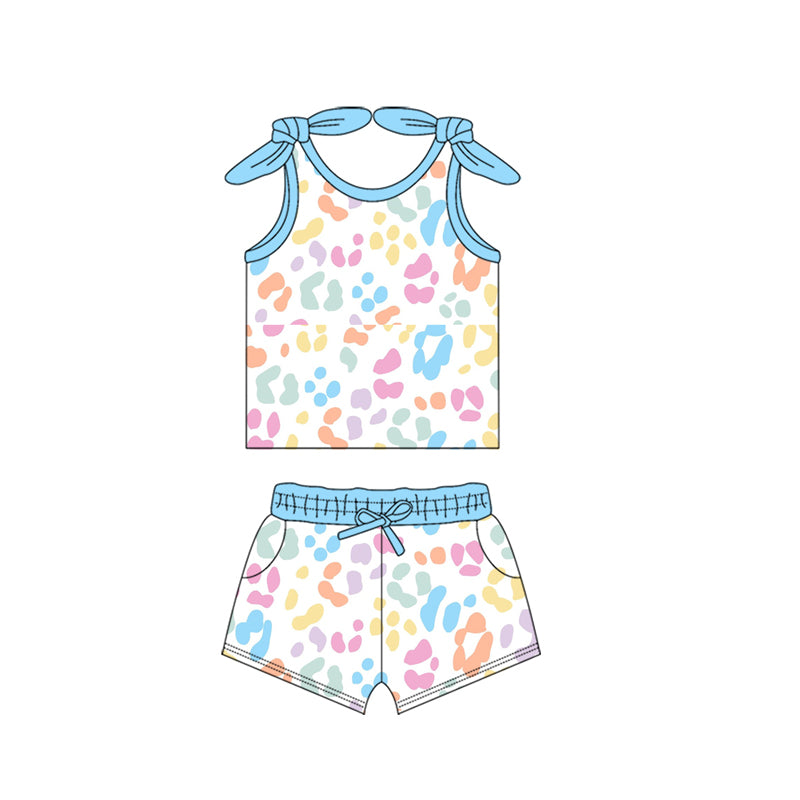 preorder GSSO2080 colorful leopard blue vest t-shirt shorts girls set