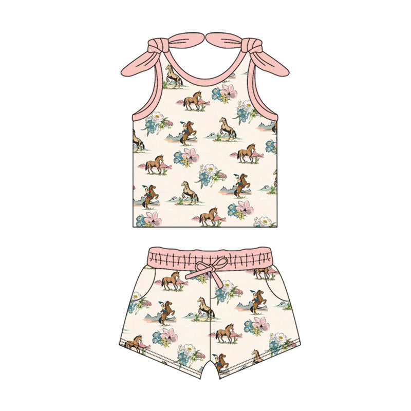 preorder GSSO2084 Western rodeo pink flowers vest t-shirt shorts girls set