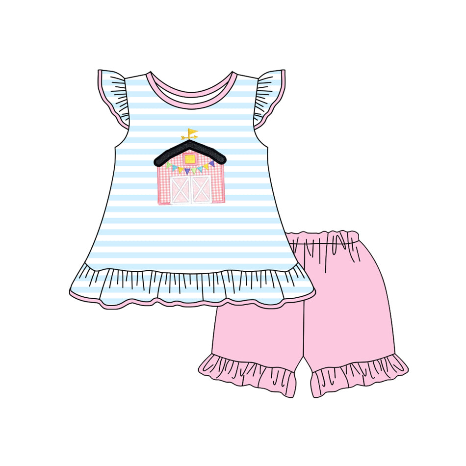 preorder GSSO2088 farm house green striped flutter sleeve pink shorts girls set