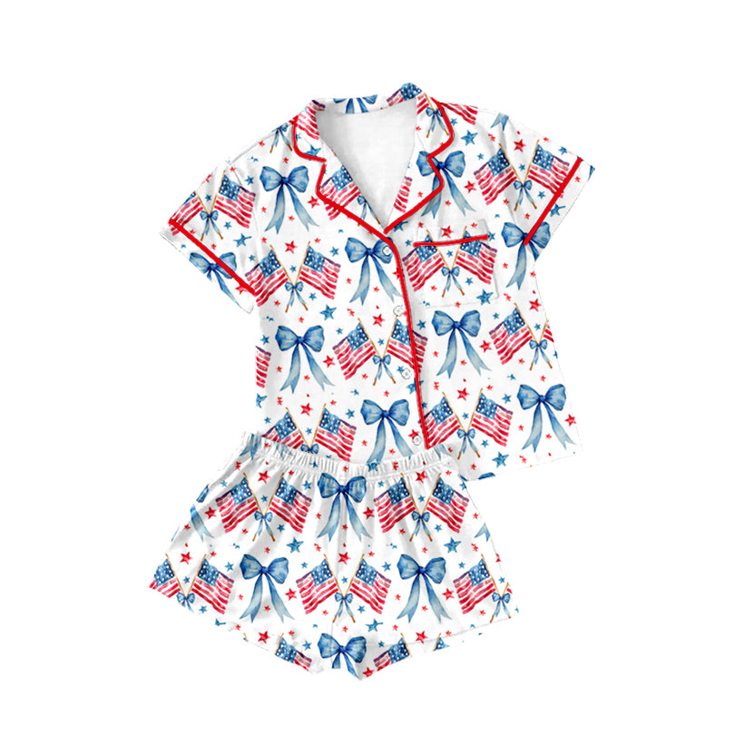 preorder GSSO2091 July 4th flag blue bows short sleeve shorts girls pajamas