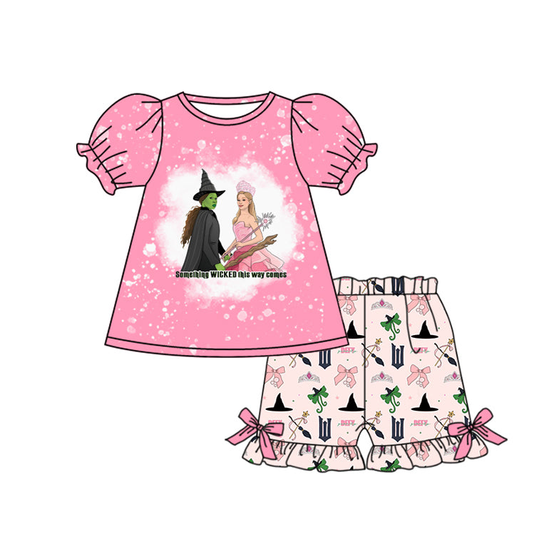 preorder GSSO2092 moive pink short sleeve pink bows shorts girls set