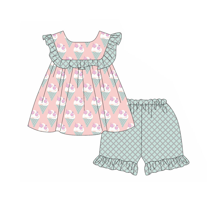 preorder GSSO2093 cute ice pink ruffles sleeve grey checkered shorts girls set