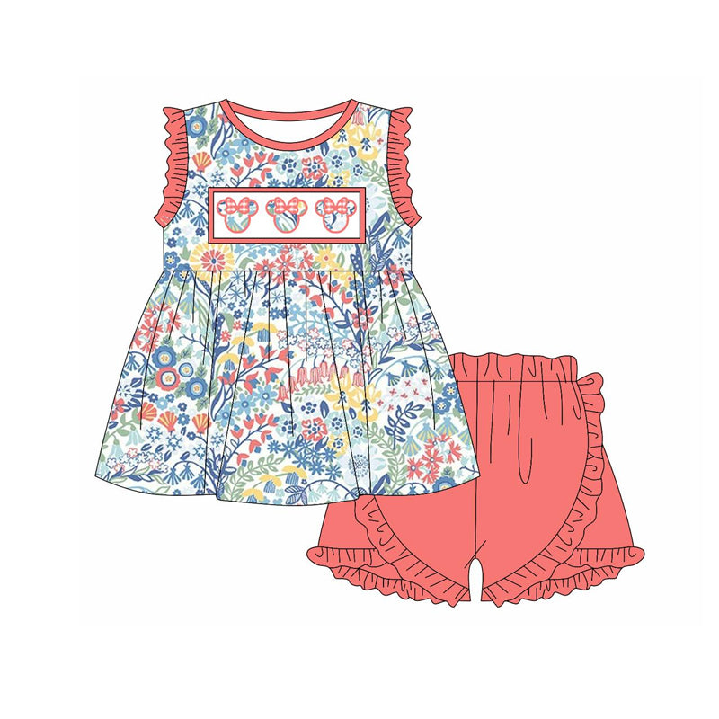 preorder GSSO2095 cartoon M colorful flowers ruffles sleeve watermelon red shorts girls set