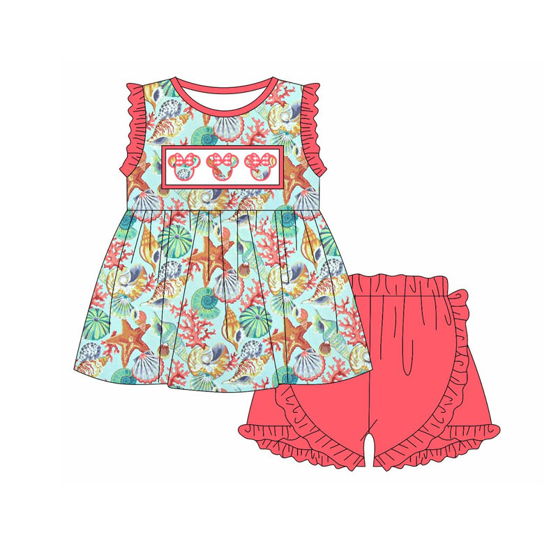 preorder GSSO2096 cartoon M shell starfish ruffles sleeve watermelon red shorts girls set