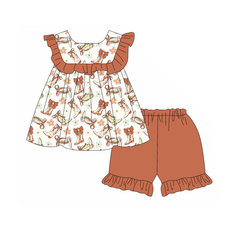 preorder GSSO2108 Western boots bows flowers orange ruffles sleeve shorts girls set