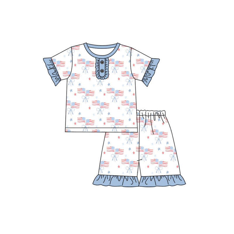 preorder GSSO2113 July 4th flag blue short sleeve shorts girls set