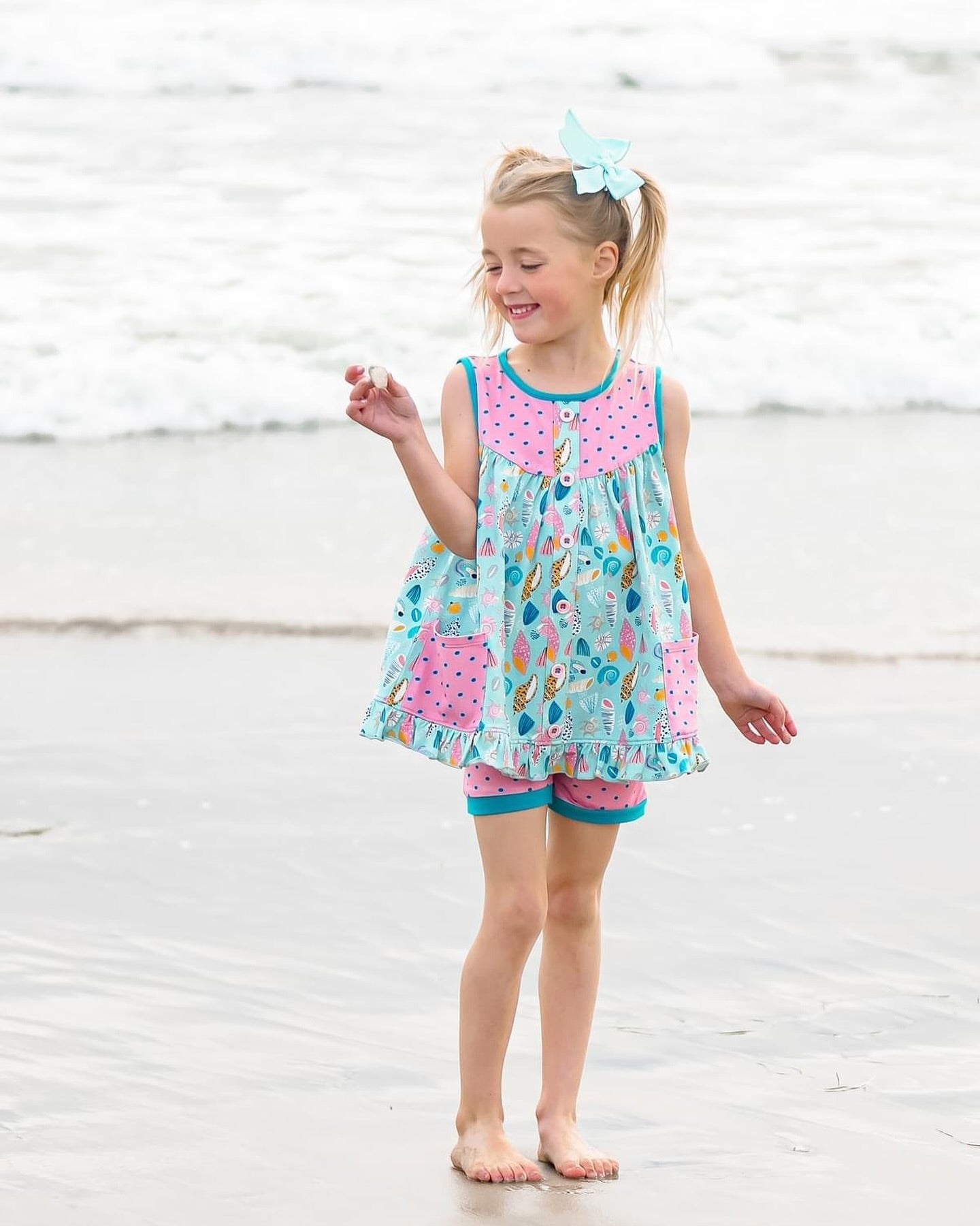 preorder GSSO2116 blue shell pockets sleeveless pink dot shorts girls set