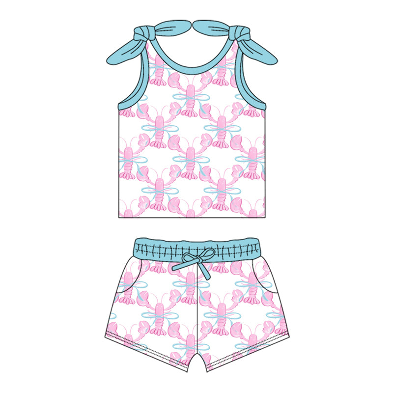 preorder GSSO2118 hot pink crayfish blue bows camisole top shorts girls set