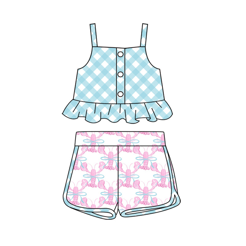 preorder GSSO2119 blue checkered camisole top hot pink crayfish blue bows shorts girls set