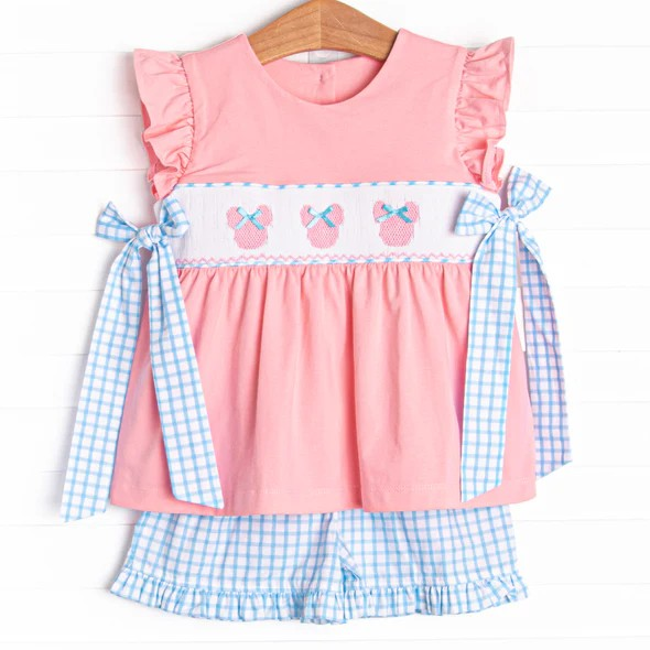 preorder GSSO2126 cartoon M pink Bows flutter sleeve blue checkered shorts girls set