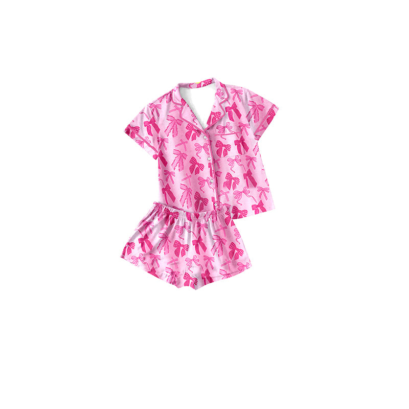 preorder GSSO2134 hot pink bows short sleeve shorts girls pajamas