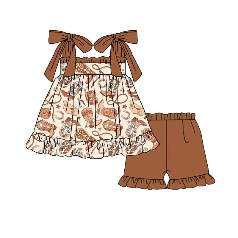 preorder GSSO2144 Western boot hat lace-up top brown shorts girls set