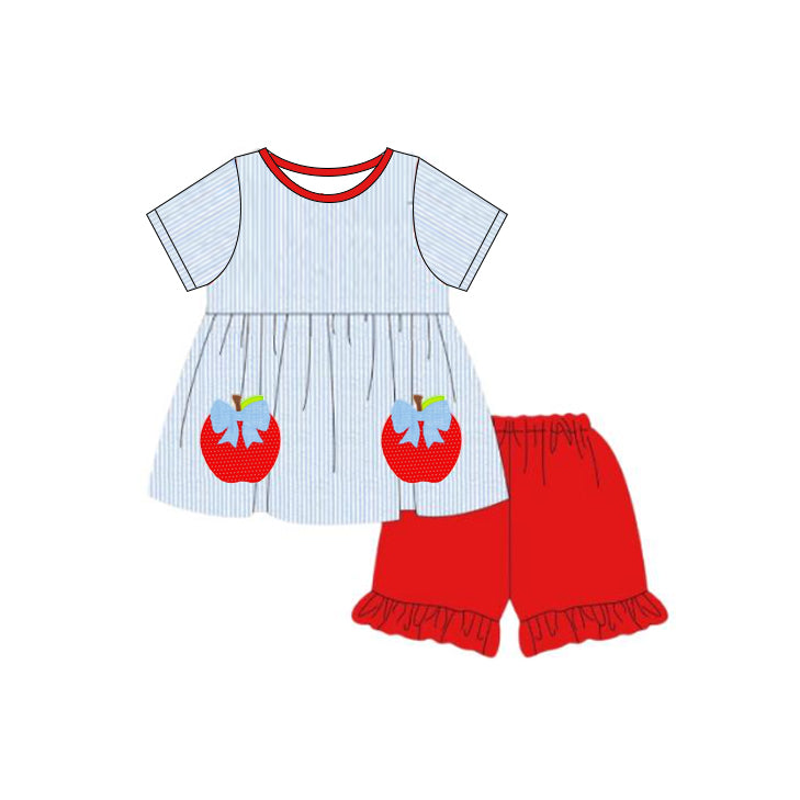 preorder GSSO2155 back to school apple striped short sleeve red shorts girls set
