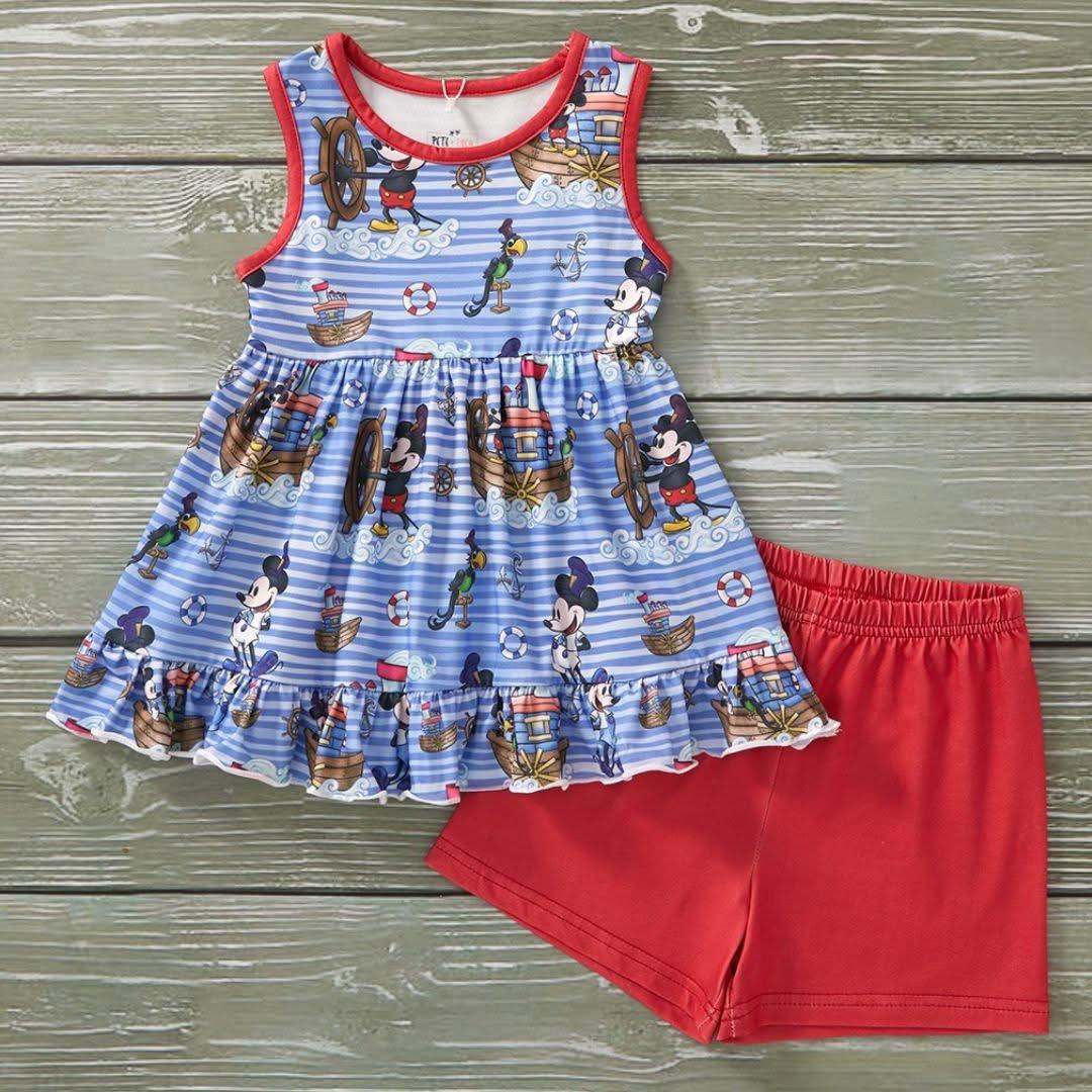 preorder GSSO2156 cartoon M blue striped sleeveless red shorts girls set