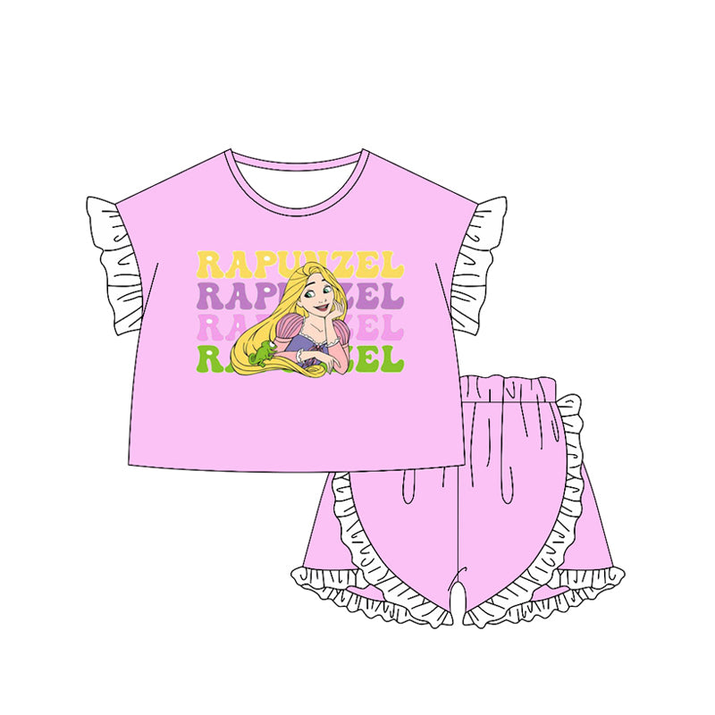preorder GSSO2159 cartoon long hair princess pink short sleeve shorts girls set