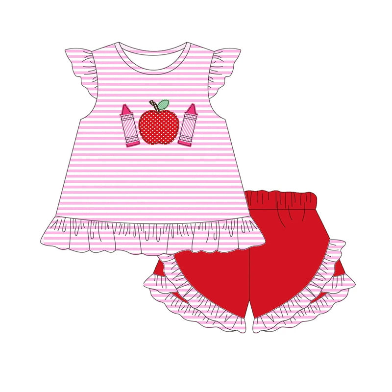 preorder GSSO2168 back to school apple pen pink striped flutter sleeve red shorts girls set