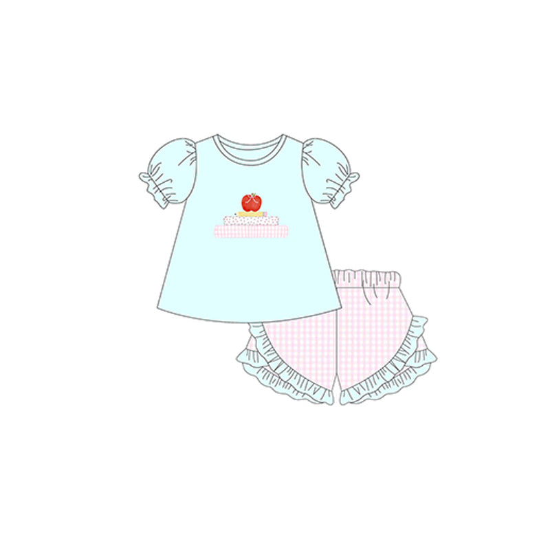preorder GSSO2178 back to school apple book short sleeve pink striped shorts girls set