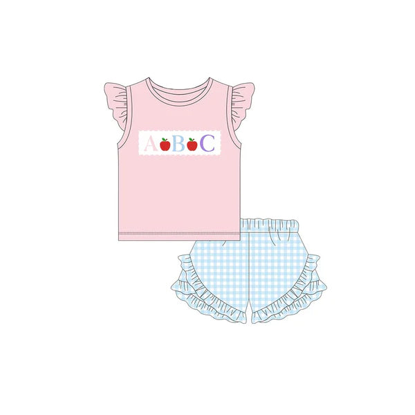 preorder GSSO2179 back to school ABC apple flutter sleeve blue checkered shorts girls set