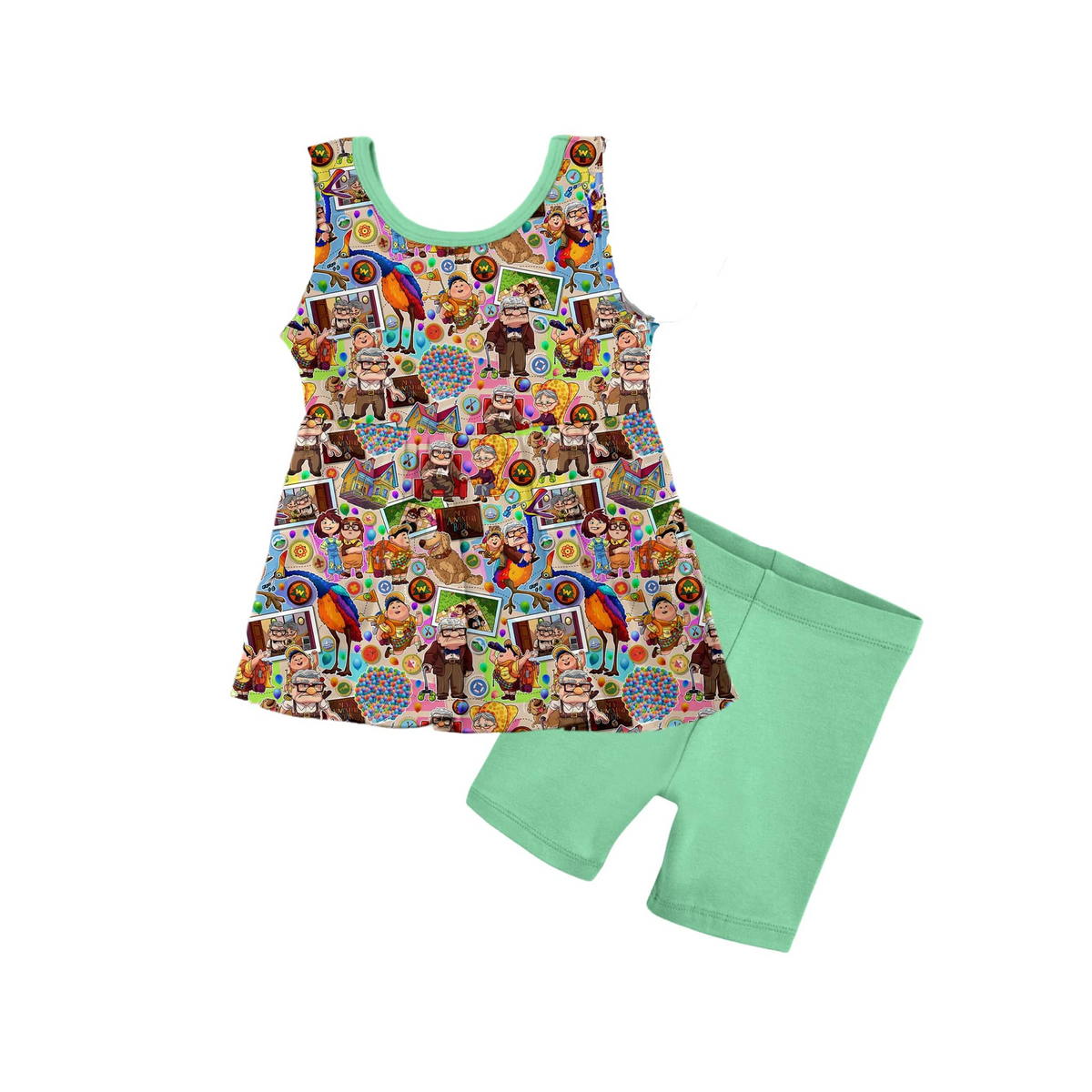 preorder GSSO2189 cartoon travel old man sleeveless green shorts girls set