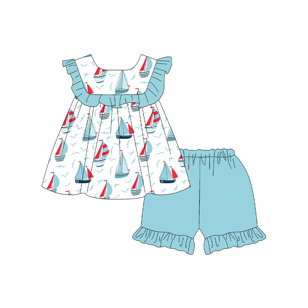 preorder GSSO2190 blue cartoon sailboat ruffles sleeeve blue shorts girls set