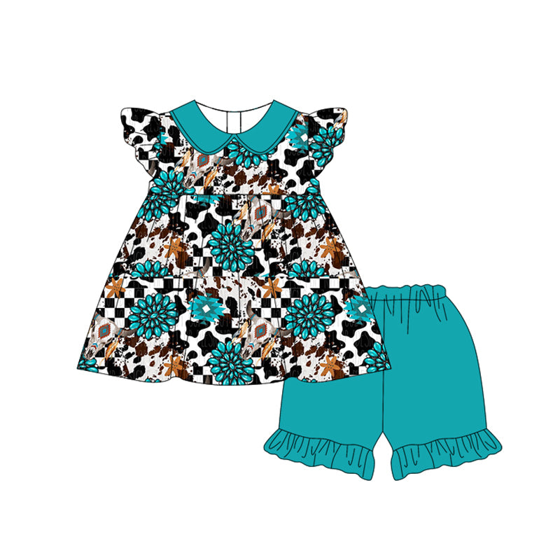 preorder GSSO2191 Western cow turquoise checkered flutter sleeve blue shorts girls set