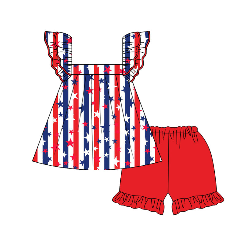 preorder GSSO2201 July 4th star red blue striped flutter sleeve red shorts girls set