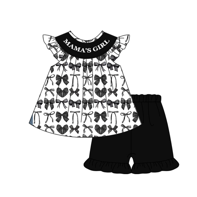 preorder GSSO2205 mama's girl black bows flutter sleeve black shorts girls set