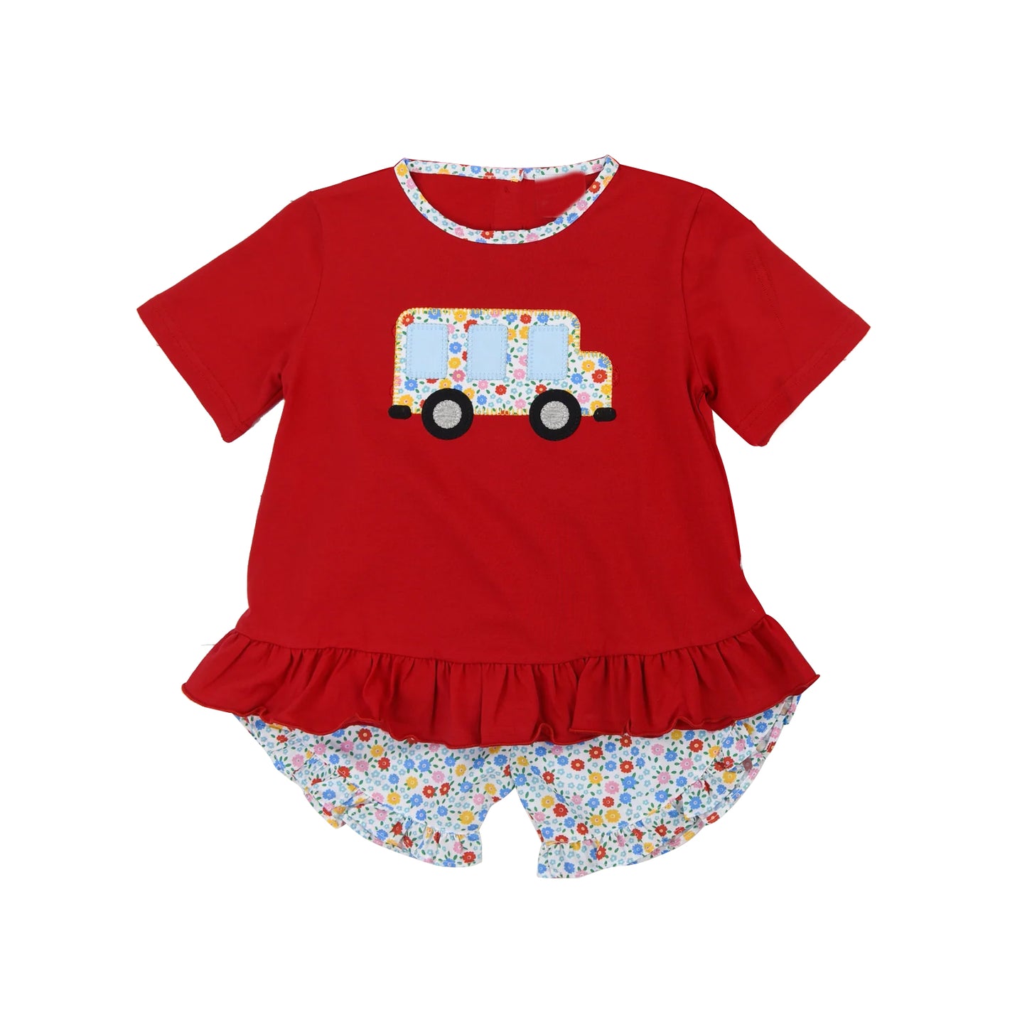 preorder GSSO2239 back to school bus red short sleeve flowers shorts girls set