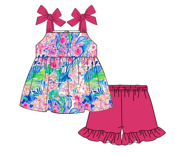 preorder GSSO2271 colorful flowers sleeveless hot pink shorts girls set