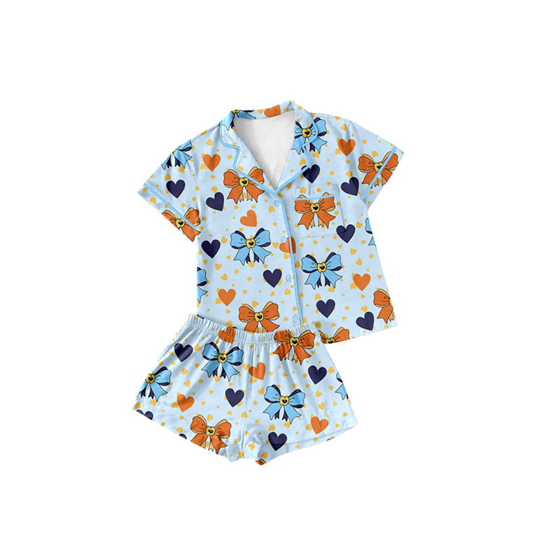 preorder GSSO2297 cartoon blue bows orange bows blue short sleeve shorts girls pajamas