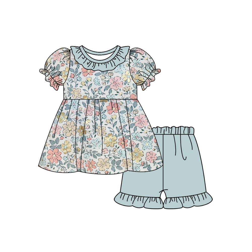 preorder GSSO2300 colorful flowers short sleeve blue shorts girls set