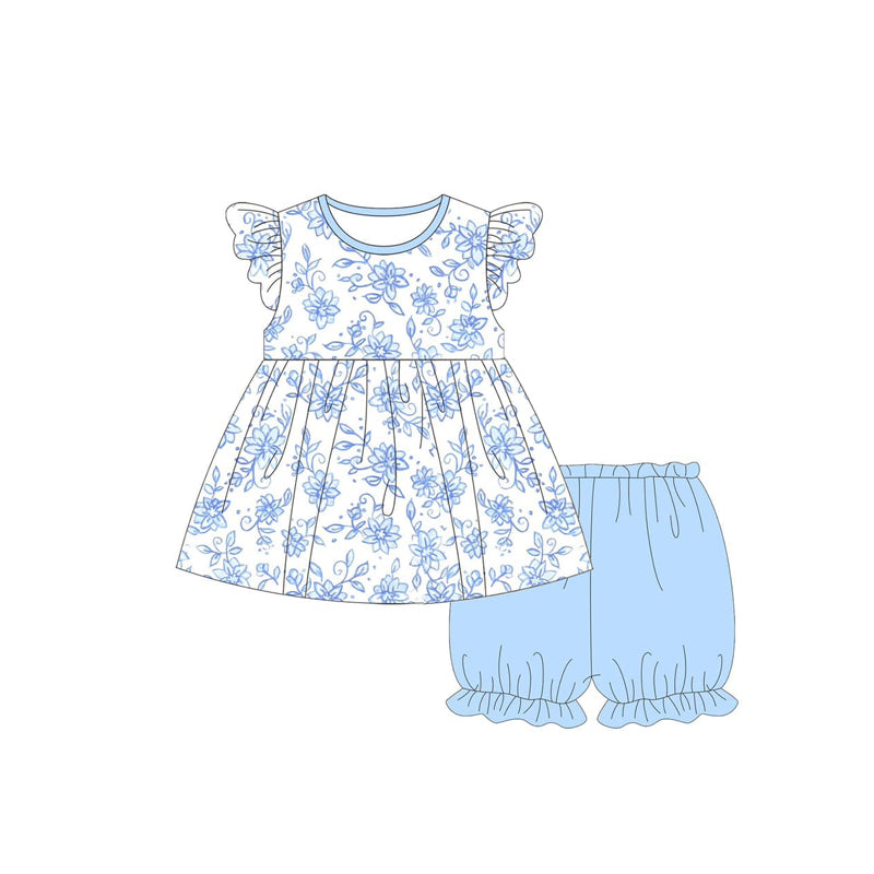 preorder GSSO2304 blue flowers flutter sleeve blue shorts girls set