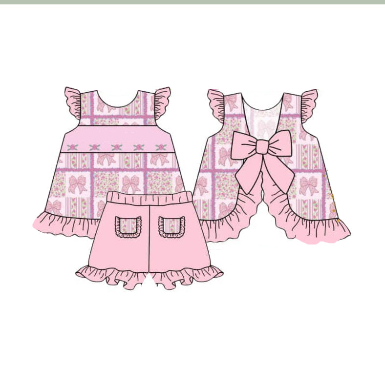 preorder GSSO2305 pink flowers bows flutter sleeve with bow shorts girls set