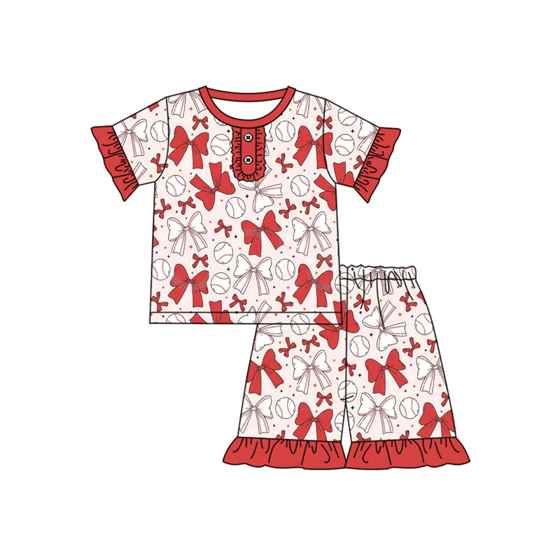 preorder GSSO2309 baseball red bows short sleeve shorts girls pajamas