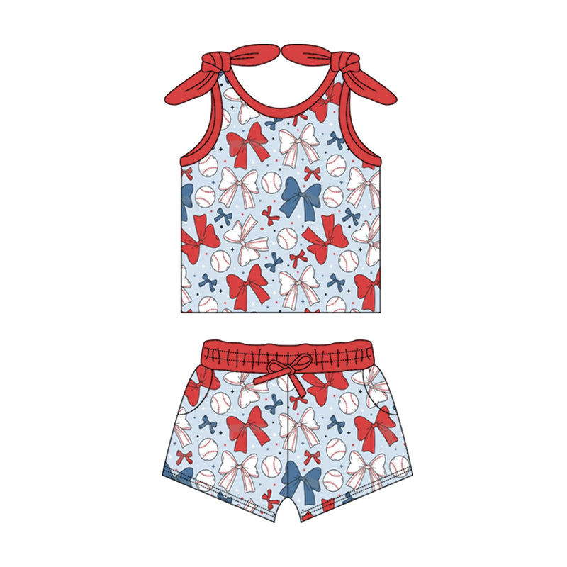 preorder GSSO2311 baseball red bows blue sleeveless shorts girls set