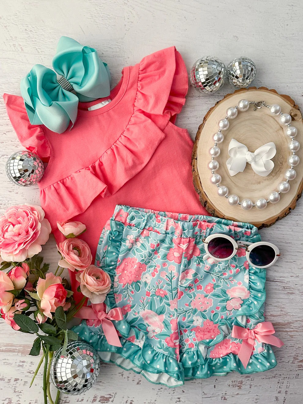 preorder GSSO2316 watermelon red ruffles flutter sleeve flowers shorts girls set