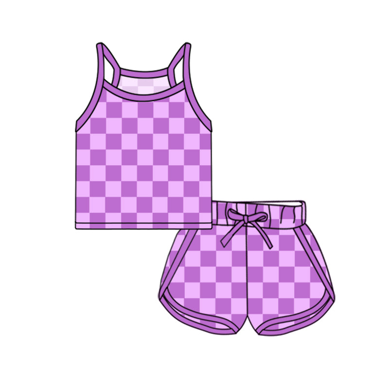 preorder GSSO2337 purple checkered camisole shorts girls set