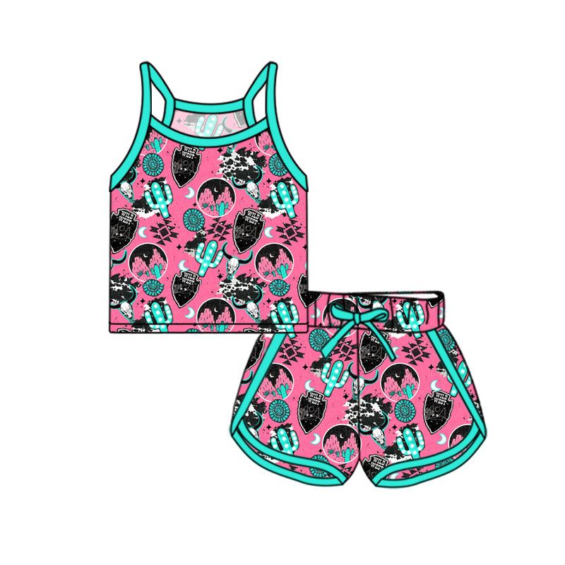 preorder GSSO2340 Western cactus aztec cow hot pink camisole shorts girls set